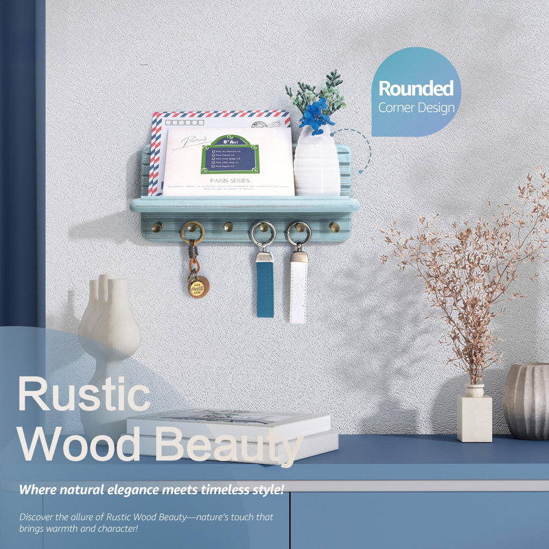 Porte-clés mural en bois de pin, porte-clés décoratif pour mur avec 6 crochets (bleu), Vieux noir