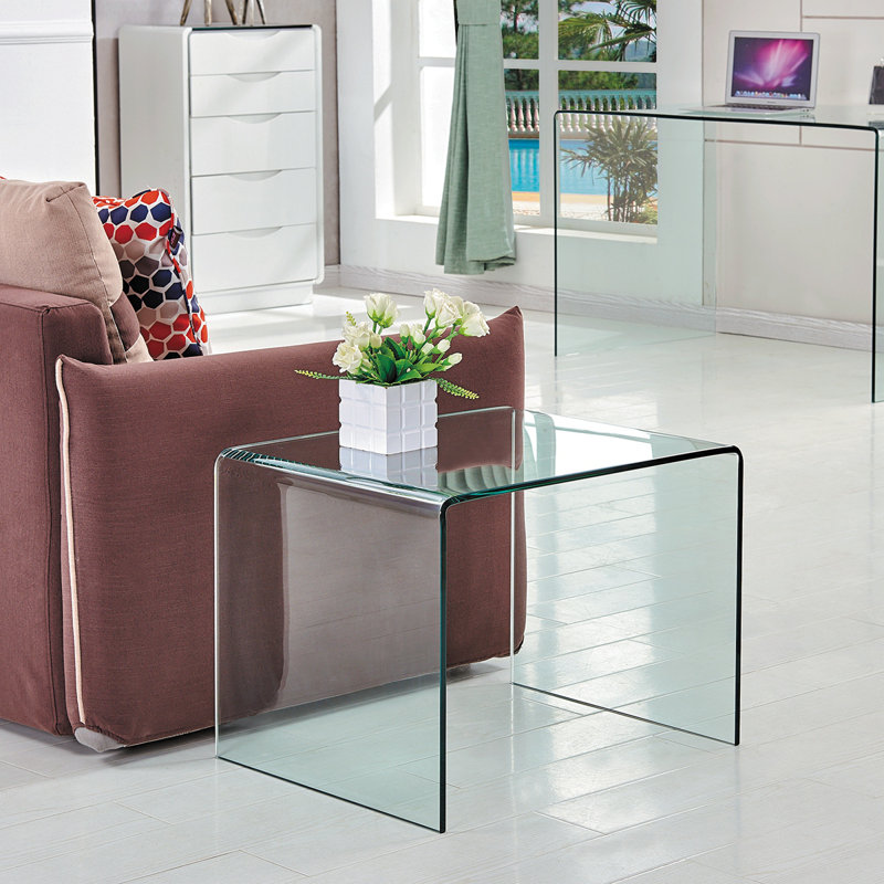 Transparent End Table,Tempered Clear Bent Glass Sidetable