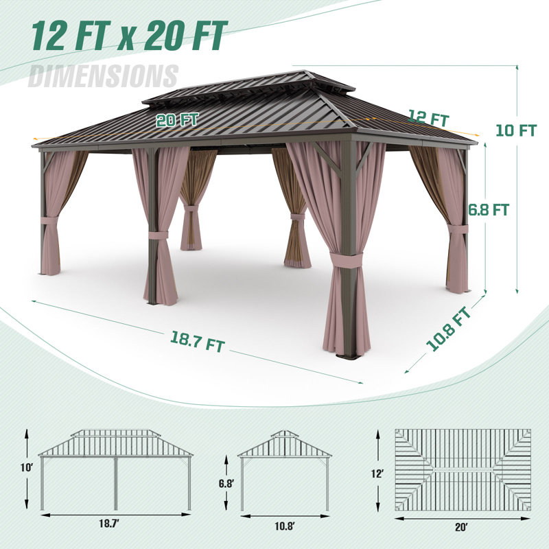 Extra Large Brown Metal Patio Gazebo with Dual Track Curtains