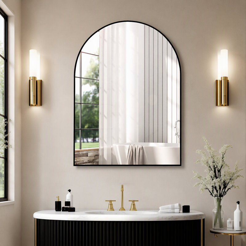 Miroir mural arqué de 76 x 102 cm (30 x 40 pouces), miroir en verre HD sans distorsion avec cadre en alliage d'aluminium antirouille, miroir décoratif arqué moderne incassable pour salle de bain, chambre et salon