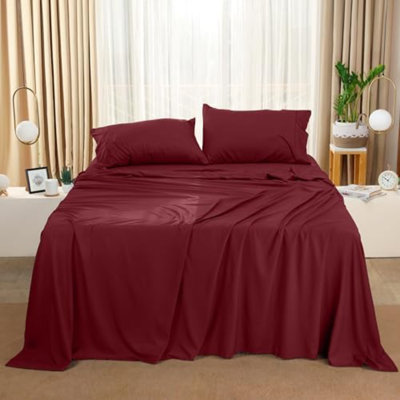 Full Sheet Set – 4 Piece Bed Sheets For Full Size Bed, Soft And Breathable Microfiber, Includes 1 Fitted Sheet, 1 Flat Sheet And 2 Pillowcases (Burgundy)
