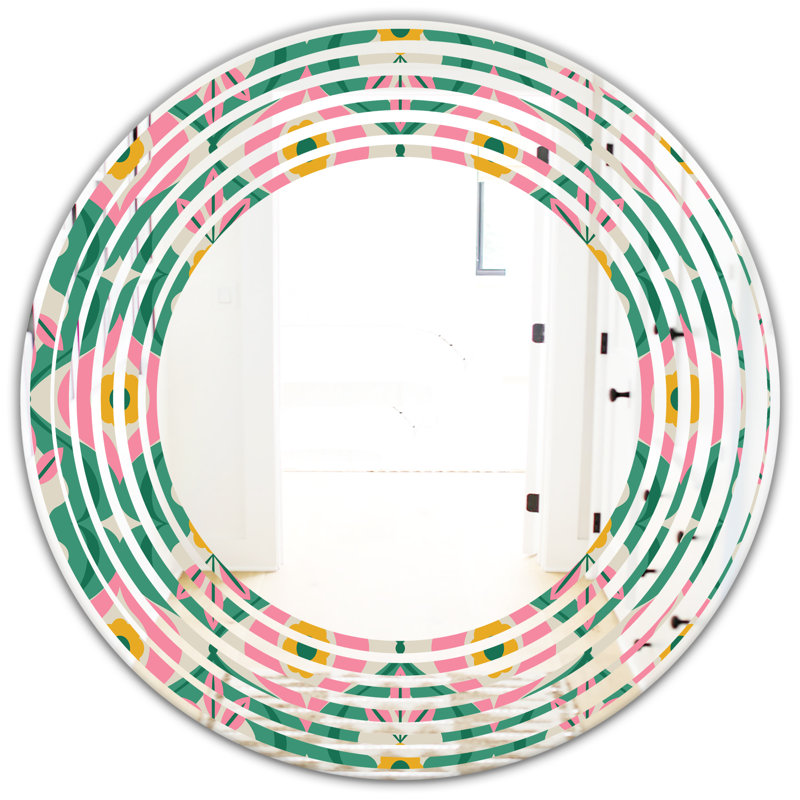 Coastal Frameless Wall Mirror, 31.5" x 31.5", Wave Pattern Flowers and Leaves