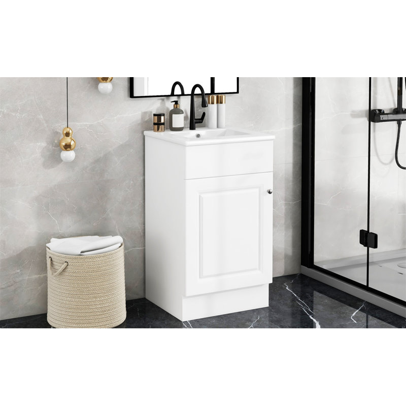 Meuble-lavabo 18 po avec lavabo en céramique, porte et armoire de rangement, Blanc, Argent