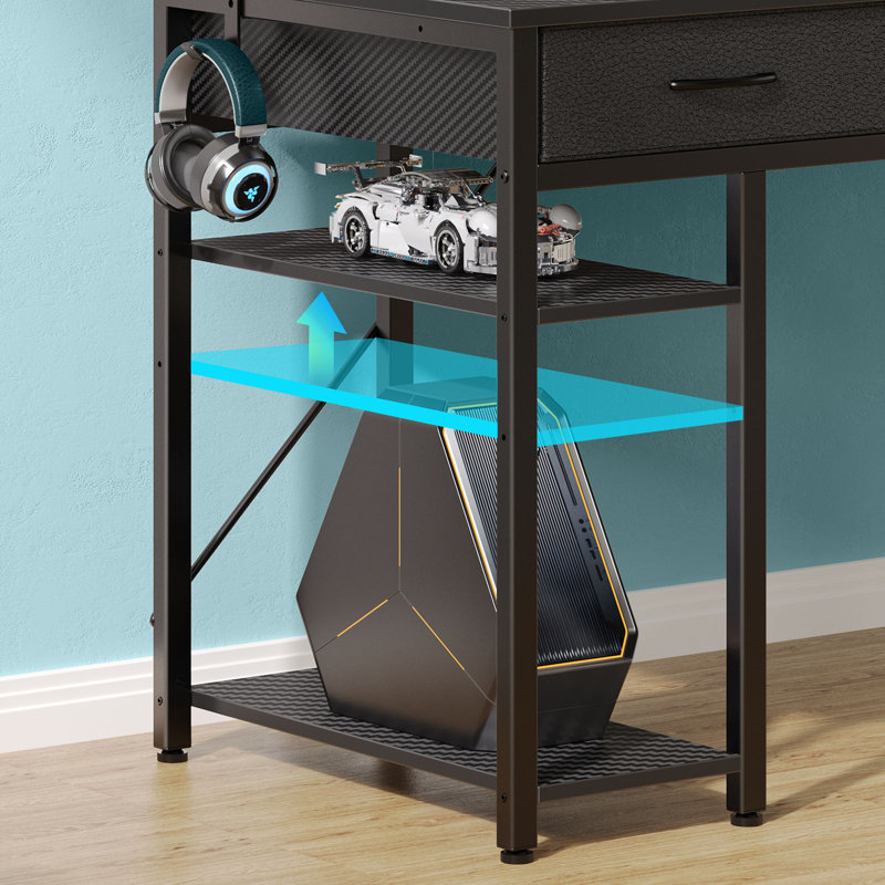 Rectangle Computer Desk with Shelves, Office Desk with Power Outlets & RGB LED Lights, Black, 30.5" H x 39.4" W x 18.9" D