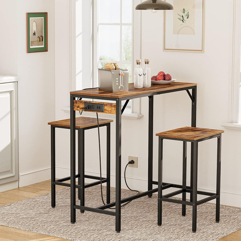 Ensemble de table de bar et de chaises, ensemble de table de salle à manger de 39,4 po avec prise de courant, ensemble de table de pub 3 pièces, table de bar de cuisine