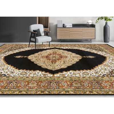 Tapis noir et rouge noué à la main de haute qualité