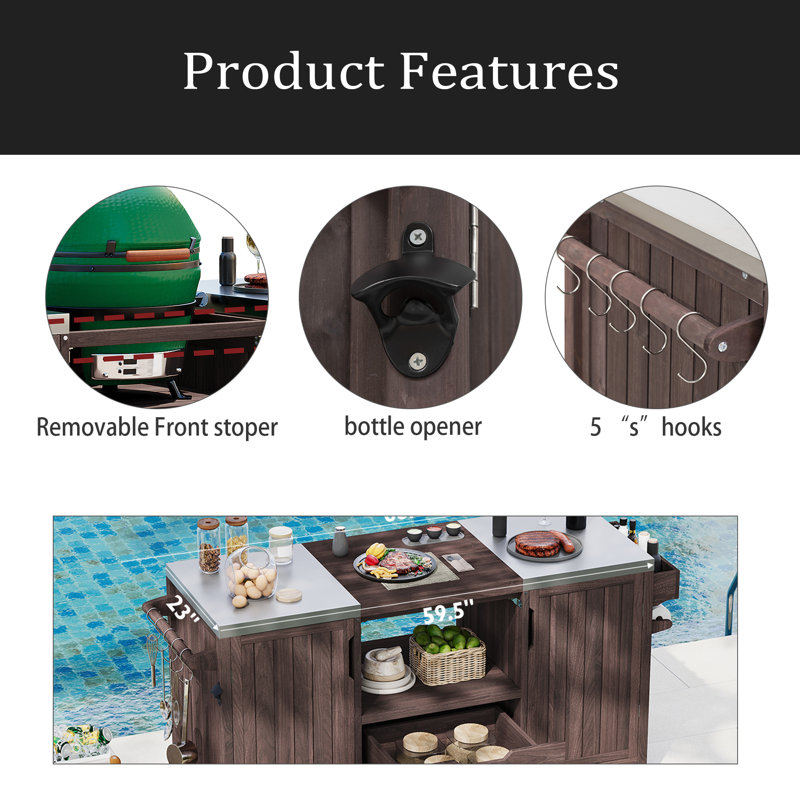 66.5" Outdoor Kitchen Island For Big Green Egg Grills, Solid Wood Outdoor Grill Cart For Tabletop Grill With Stainless Steel Top, Drawer, Compatible With Large Big Green Egg