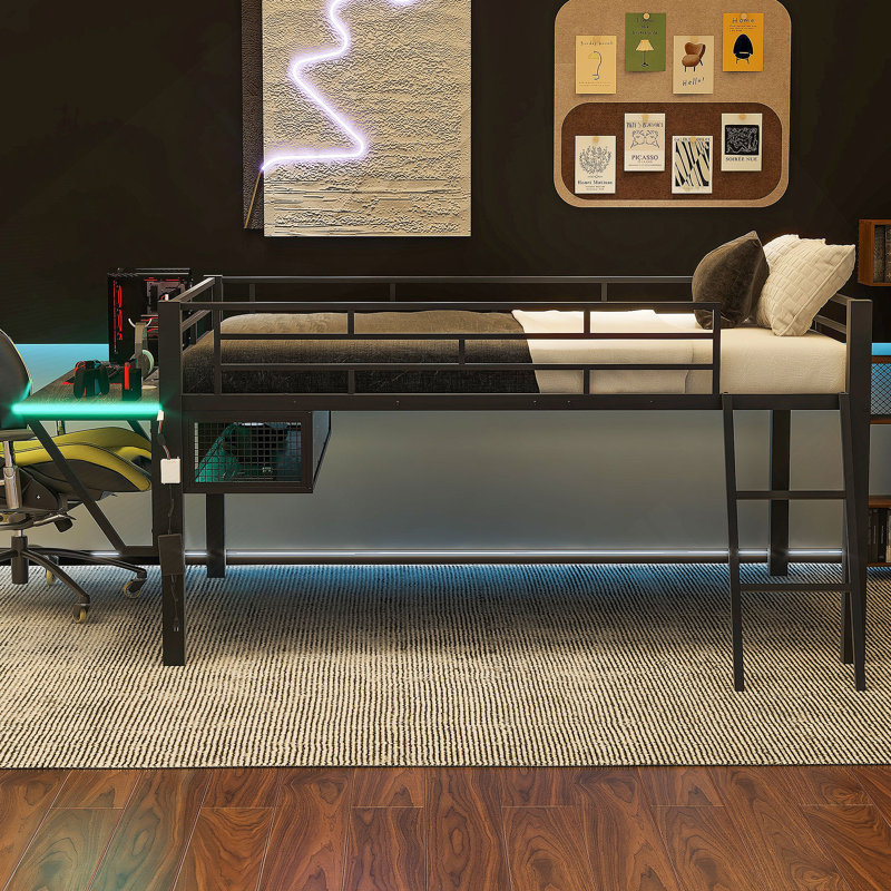 Lit mezzanine avec bureau Gaming, DEL, double, noir