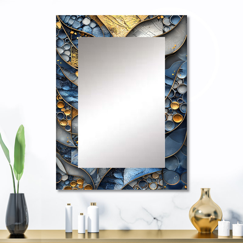 «Blue and Grey Coastal Abstract Tiles I» - miroir unique abstrait, grand miroir mural gris, impression sur métal