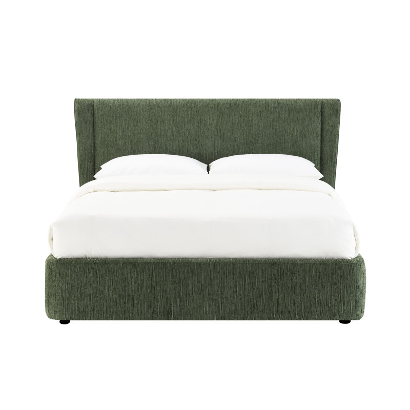 Grand lit en chenille vert foncé Cheryl, assemblage sans outil, tête de lit à oreilles entièrement rembourrée