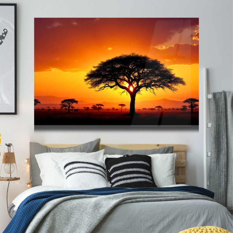 Art mural en verre trempé Savane africaine au coucher du soleil, H 24 po x l 36 po