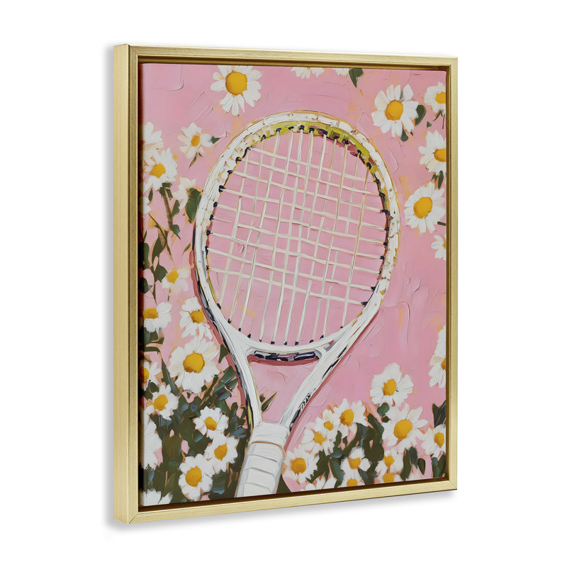 Pink Tennis Racket & Daisies Floating Frame, design by LSR Design Studio, Metallic Gold Floater Framed, 21" H x 17" W