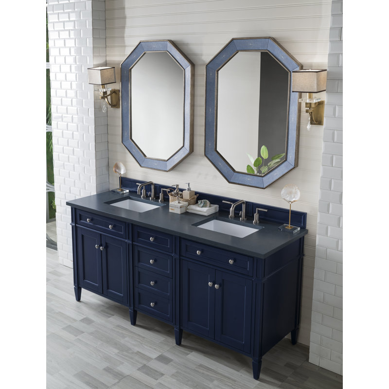 Meuble-lavabo double l 72 po Dussault, Bleu victoire, Pierre de savon anthracite, 8 po
