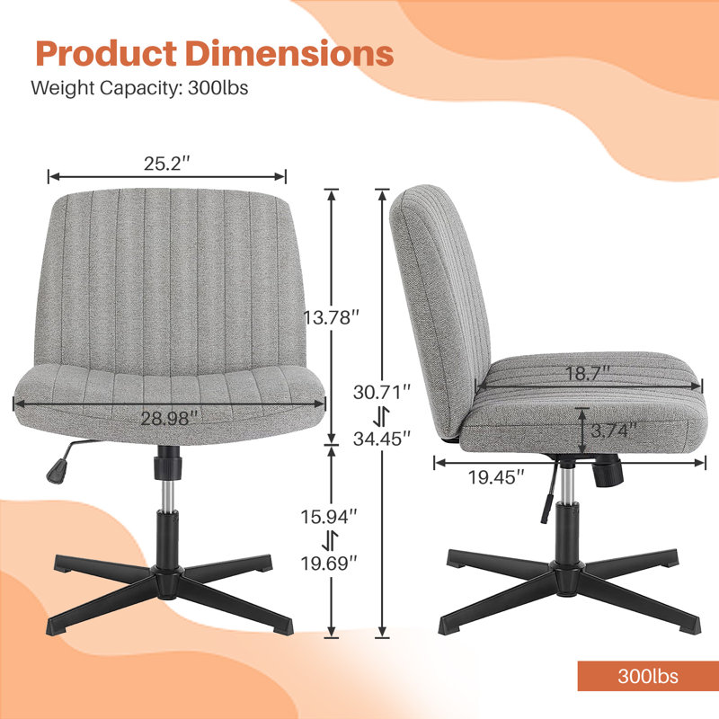 Brenae Upholstered Armless Swivel Task Chair, Gray, Fabric