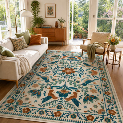  Goldene Boho Washable Botanical Beige Area Rugs for Living Room, Low-Pile Floral Rug with Non Slip Backing For Bedroom Dining Room