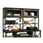 Brun industriel pour bureau, fabrication en bois d'ingénierie, 3 tablettes horizontales réglables, portes en verre trempé encadrées, bureau à tablettes ouvertes en brun, construction, tablettes réglables, rangement