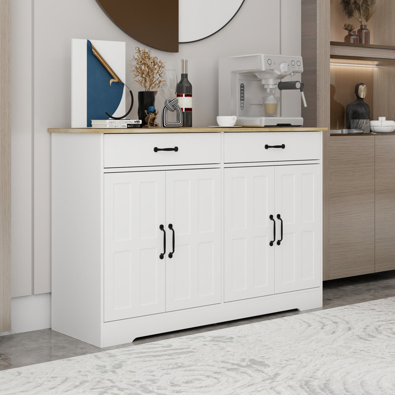 Buffet Style Blanc - 2 tiroirs, 4 portes. Polyvalent pour la salle à manger. , Peint. Buffet Stable Construction. Rangement spacieux