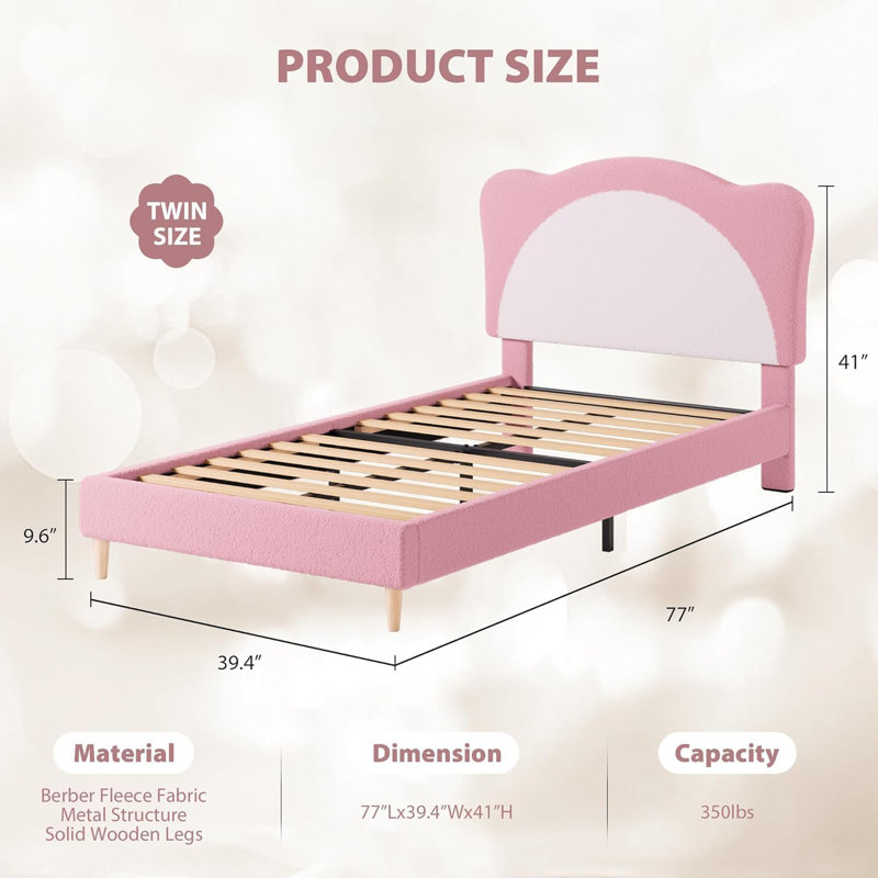 Twin Size Bed Frame for Kids - Cute Velvet Princess Platform Bed with Upholstered Headboard for Girls/Boys, Solid Wood Slats Support, No Box Spring Needed, Pink + White