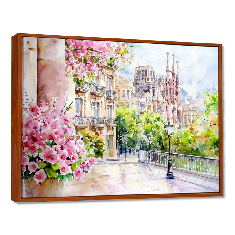 Décoration murale Barcelone en été I - Barcelone, Brun, Impression dans un cadre flottant sans passe-parto, H 24 po x l 32 po