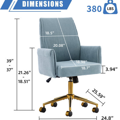 Chaise de bureau mi-hauteur relevable en velours côtelé bleu, ergonomique et assurant un confort optimal au niveau des épaules, base dorée, coussin de luxe, support de 62,7 cm de largeur.