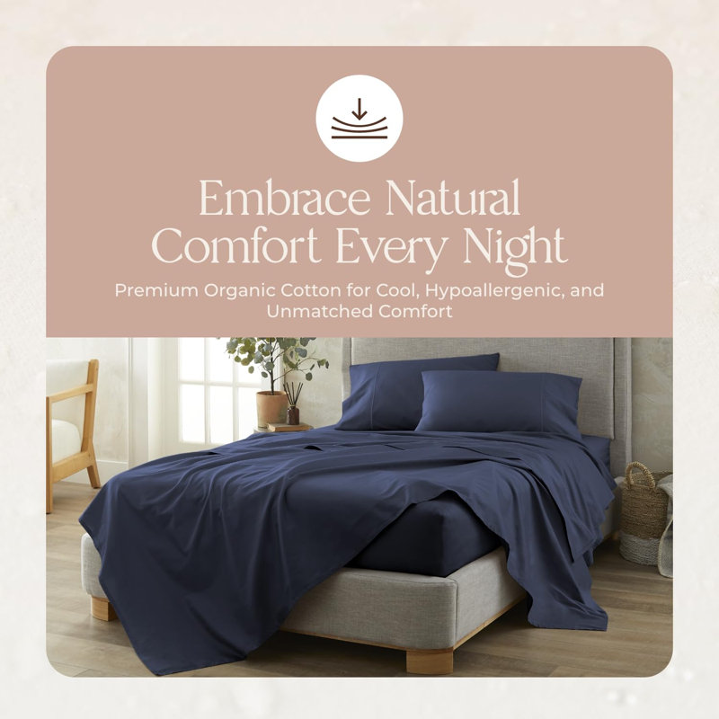 Certified Organic King Flat Sheet Only - 100% Organic Cotton Sheets With Luxurious Soft And Breathable 500 Thread Count Sateen Weave Finish - Gots & Fairtrade Certified (Navy, King)