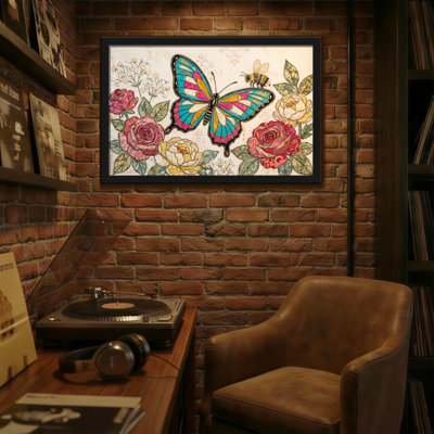 Animaux, papillon, roses, abeilles, motif rétro, reproduction d'art
