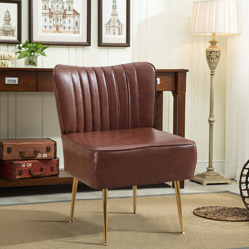 Accent Side Chair With Gold Legs, Brown Faux Leather