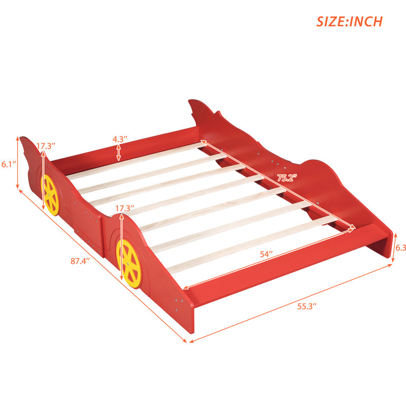 Lit plateforme attrayant en forme de voiture avec roues - construction solide. Fabriqué à partir de contreplaqué de qualité, de pin et de bois. Équipé de lattes fermes pour plus de confort. Confortable. Taille: 87,4 po x 55,3 po