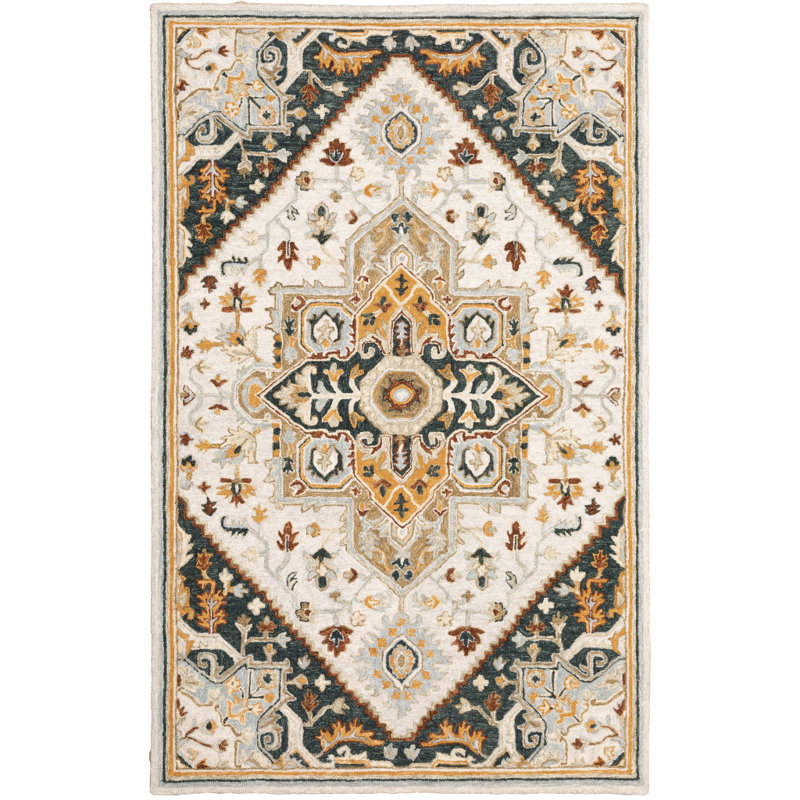 Tapis crème / gris anthracite en laine crocheté à la main Eitelfritz, Rectangle 3 pi 6 po x 5 pi 6 po