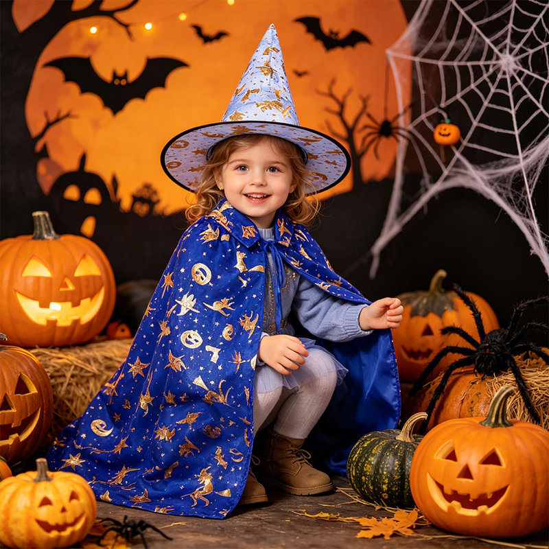 Ensemble 2 pièces de cape de sorcière d'Halloween pour enfants + chapeau, costume d'Halloween à cinq branches, Blue