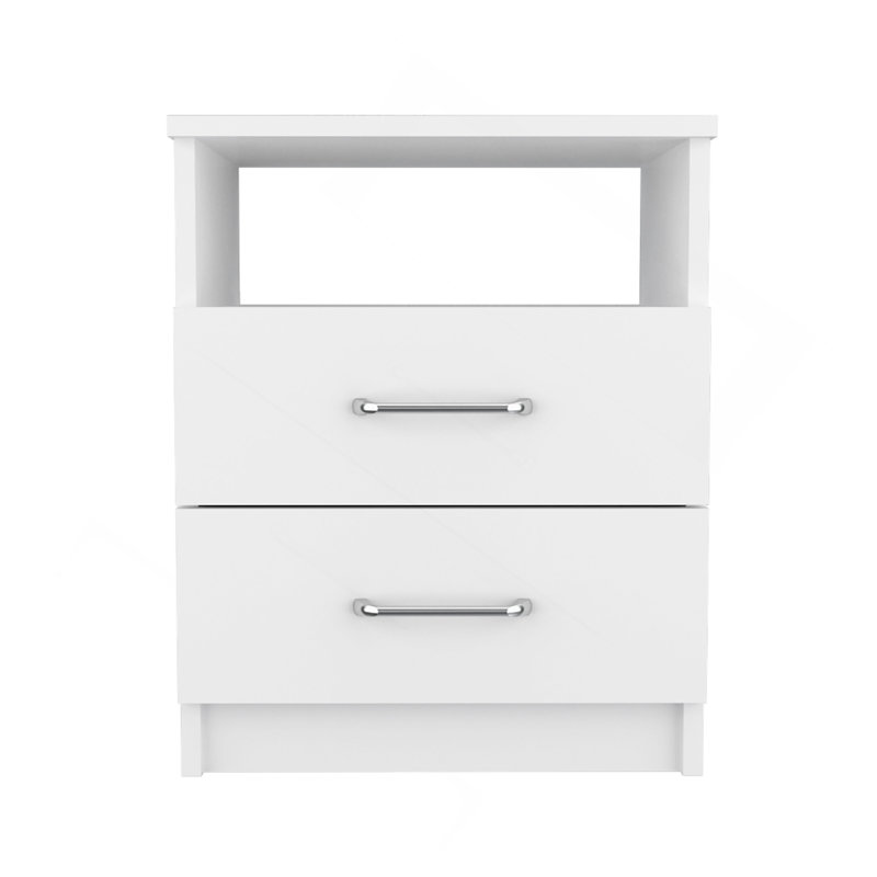 Table de chevet H 20 po, deux tiroirs, tablette ouverte, plateau supérieur, blanc
