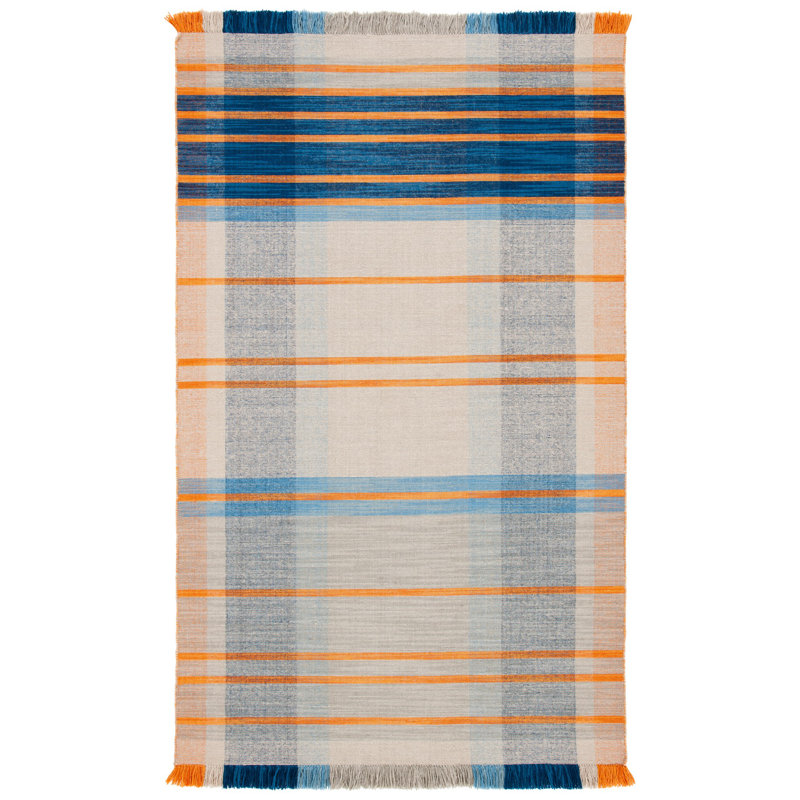 Anjail Flat Weave Wool/Cotton Plaid Rug in Orange/Blue, Rectangle 4' x 6'