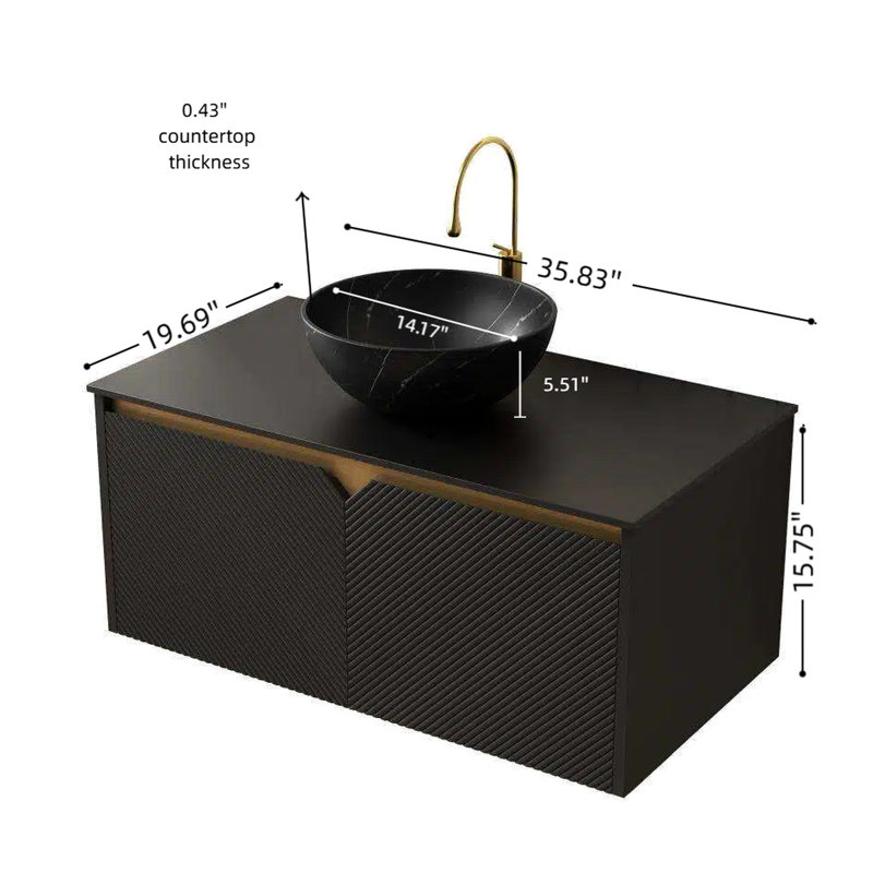 Meuble-lavabo noir 36 po, armoire en contreplaqué flottant, portes doubles en sergé avec garniture en métal, vasque en céramique à motif pierre, comptoir fritté, système de fermeture en douceur et registre