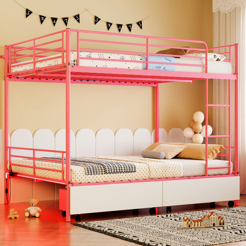 Lit superposé en métal rose avec charge, design, espace de rangement, sans sommier, peut être divisé en 2 lits simples, configuration de chambre à coucher moderne avec style, espace, divisibles