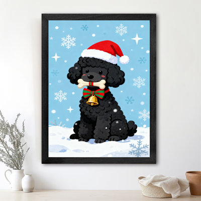 Black Framed Vintage A cute black poodle wearing a Christmas hat and holiday tie Wall Art Retro Style Framed Prints