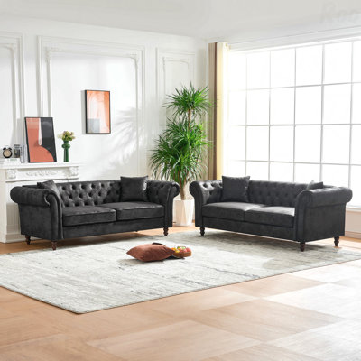 3+3 Seater Tech Fabric Chesterfield Sofa Set - Roll Armrest, Mid Century Modern, Combo Couch