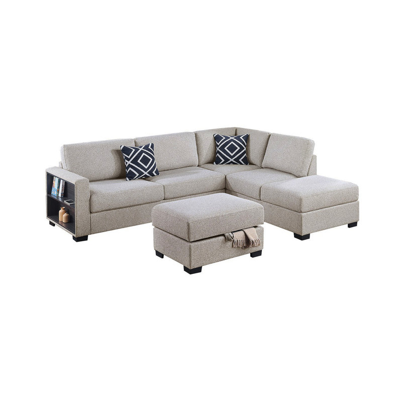 Canapé de rangement modulaire réversible 3 pièces avec repose-pieds avec rangement et méridienne réversible, Beige Boucle