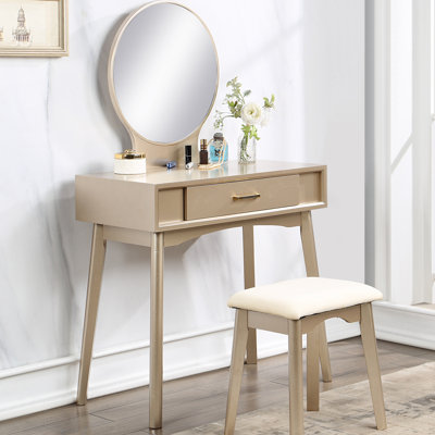 Contemporary Wood Vanity And Stool Set With Drawer