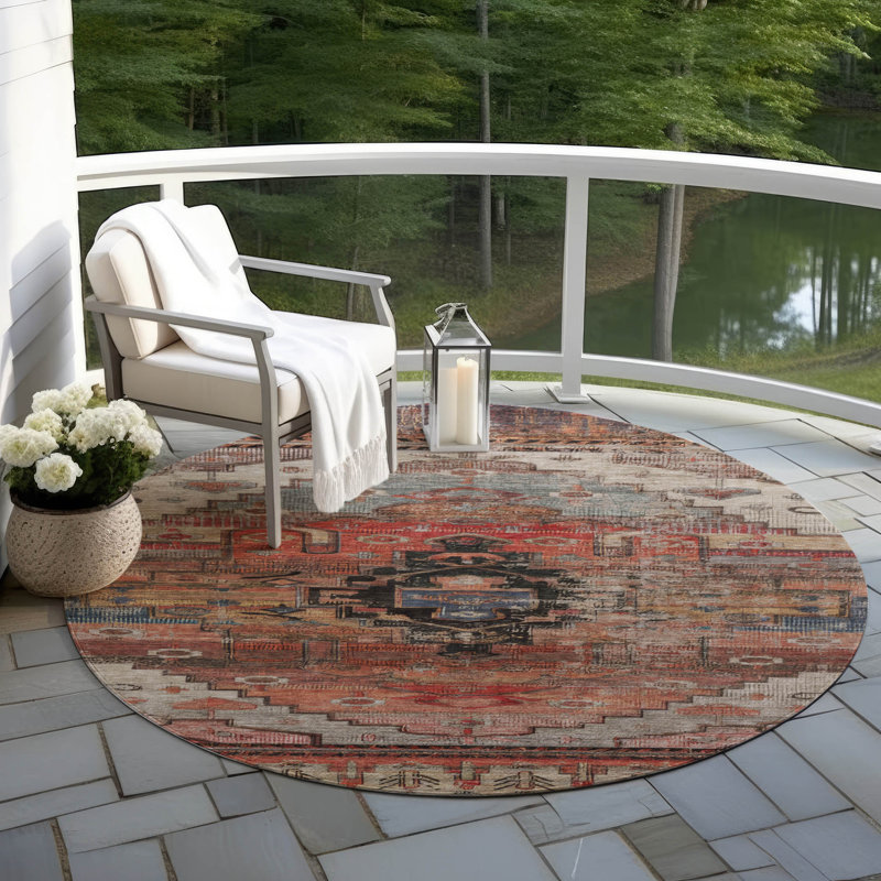 Tapis paprika Xhevrie intérieur / extérieur lavable à la machine, Rond 8 pi