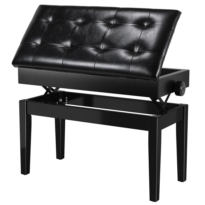Gloss Black Duet Adjustable Piano Bench with Storage, PU Padded Seat, 73 x 35cm, Height Adjustable 48–58cm, Wood Reinforced Legs, 200kg Weight Capacity