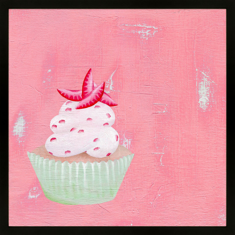 Strawberry Cupcake Painting by Katy Montica, 16" W x 16" H x 1.25" D, Black Framed Paper