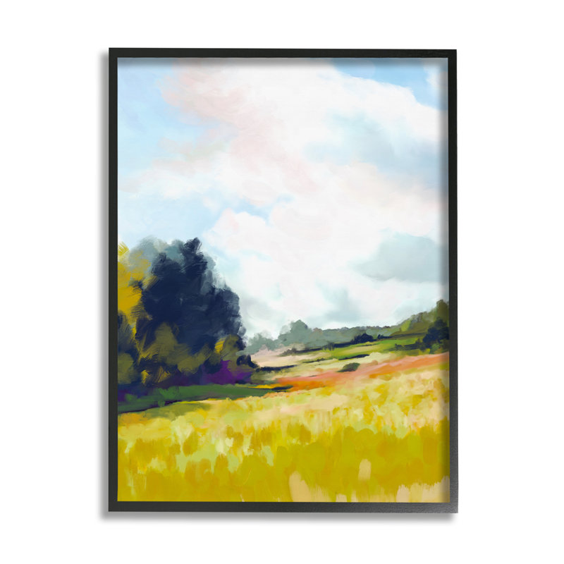 Paysage de campagne pré sur toile par Amy Hall, peinture, H 30 po x l 24 po x P 1,5 po, Giclée encadrée noir minuit