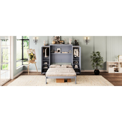 Bed With Integrated Wardrobe Storage, Multifunctional Foldable Platform For Guest - Room And Home Office, Bedframe Of Wood