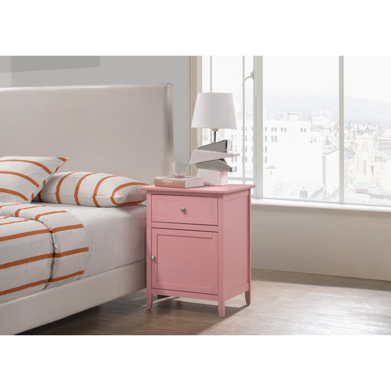 Transitional Pink 1-Drawer Nightstand with Nickel Handles