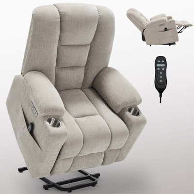 Power Lift Heavy Duty Motion Mechanism Recliner Chair with USB and Type C Ports, 2 Steel Cup Holders, Massage & Heat for Elderly