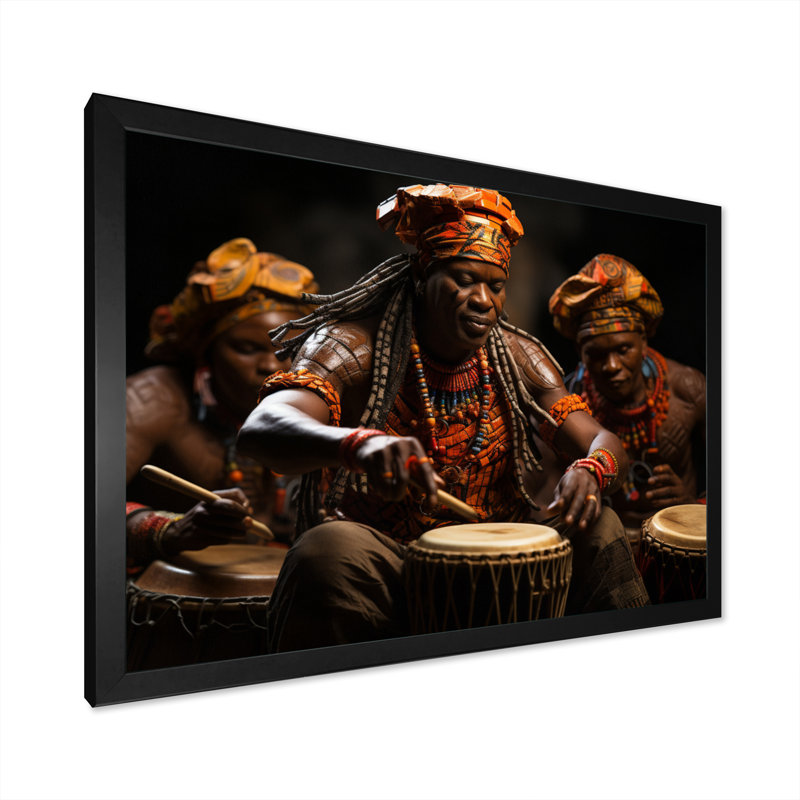 Tambour africain rythmique II - art mural africain, Cadre simple noir, H 30 po x l 40 po x P 1,5 po