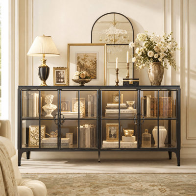 Modern Glass Display Cabinet with LED Lights, 4-Door Accent Cabinet for Collectibles, Home Decor and Dining Room Storage