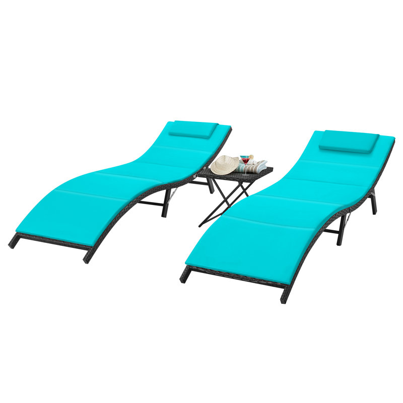 Gentilly Outdoor Wicker Chaise Lounge Set with Table , Cushion Included, Blue
