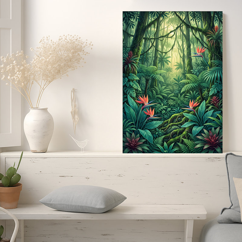 Art mural sur toile Lush Green Jungle with Orange Bird of Paradise Flowers, 30"H x 20"W
