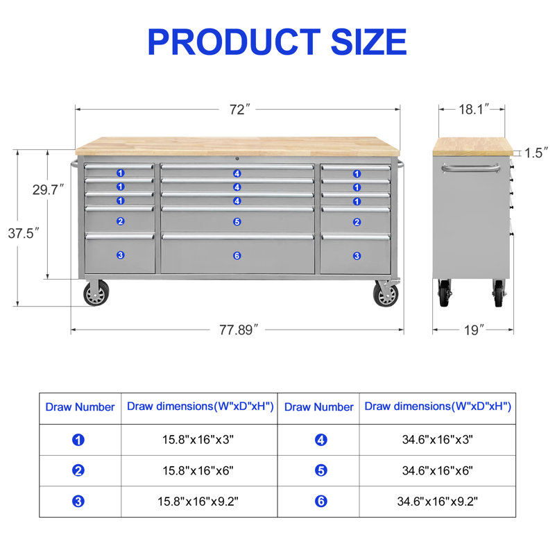72-Inch Stainless Steel Rolling Tool Box with 15 Drawers, Heavy-Duty Mobile Garage Workbench, Lockable Large Tool Chest Storage Cabinet with Wheels for Workshop